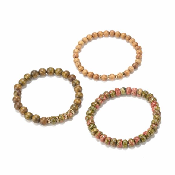 NWOT 3 piece stackable stretch bracelet Unakite Faceted gemstones 2/$25 - Picture 3 of 8